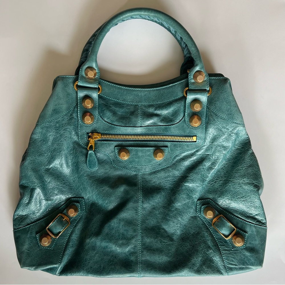 ‼️SOLD‼️ BALENCIAGA 🩵 ‘07 Aquamarine Blue Giant Gold Hardware Chevre Brief 🩵
